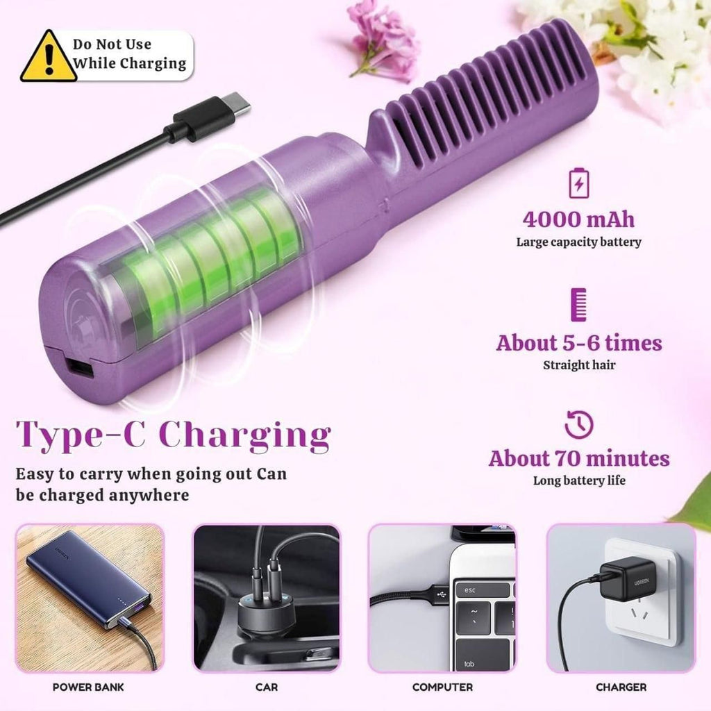 UBAA Portable Mini Hair Straightener Cordless Rechargeable Mini Adjustable Hair Straightener Hot Comb